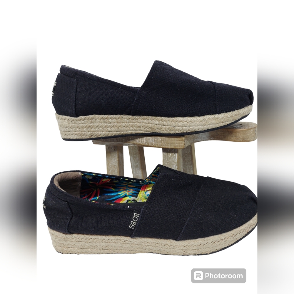 BOBS From Skechers Black Canvas Espadrilles Slip-On Shoes Women's Size 9.5